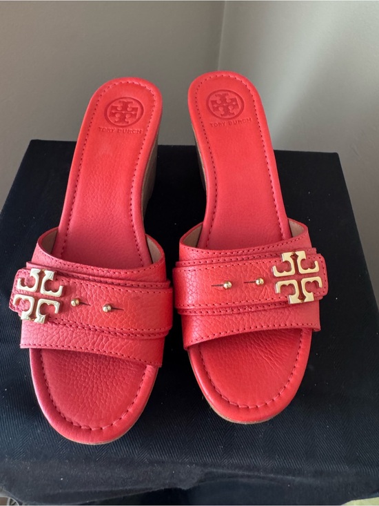 Tory Burch Shoes - Tory Burch Red Leather Slide Mules with Gold Logo